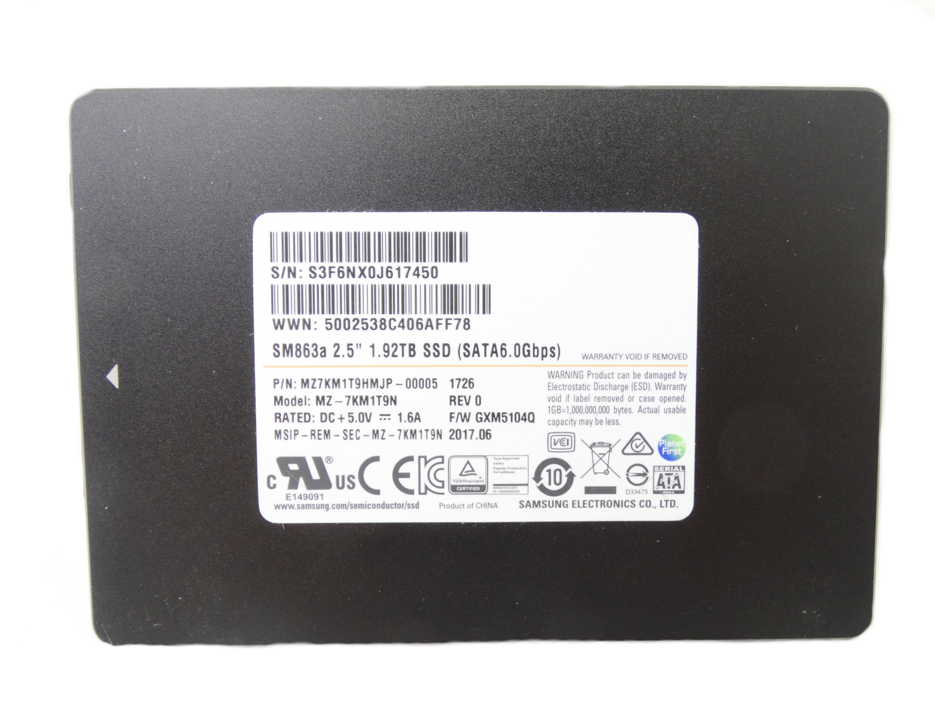 Samsung SM863a 1.92TB 6GB/s SATA 2.5'' Solid State Drive SSD (MZ7KM1T9HMJP)