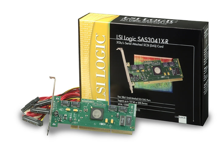LSI00033-F LSI SAS 3041X-R 4-Port (4x 7-pin) PCI-X 3Gb/s SAS HBA. RAID0,1,1E &10E. Kit with cable
