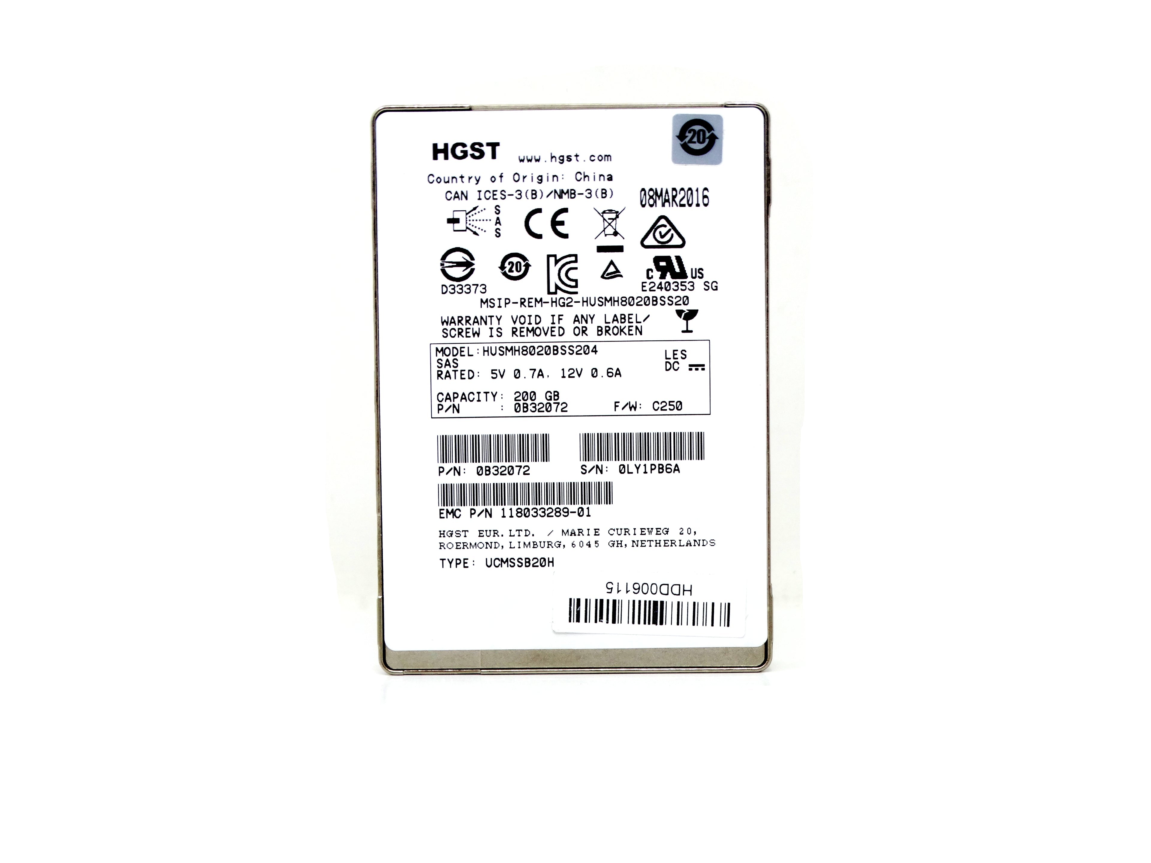 EMC 200GB SAS 12G MLC SFF 2.5" SSD HGST Ultrastar 0B32072 HUSMH8020BSS204