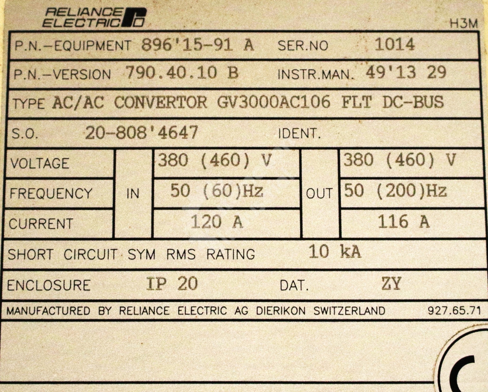 GV3000E-AC106-AA-DBT-RFI by Reliance Electric 75T4160 896.15.91 3 Phase 460V AC Drive GV3000