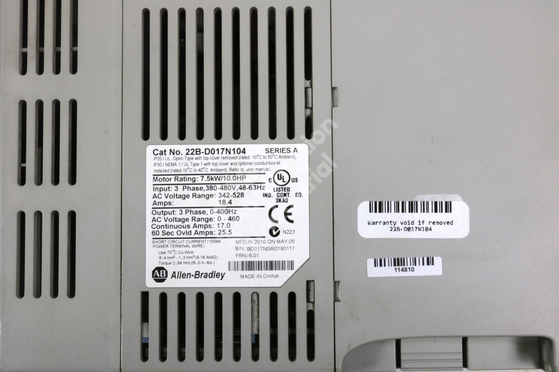 22B-D017N104 By Allen Bradley 3-Phase 480VAC 10HP PowerFlex 40 AC Drive