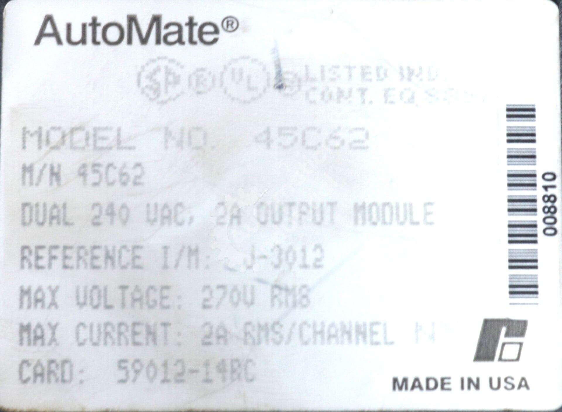 45C62 By Reliance Electric Dual 240 VAC 2A Output Module Automate