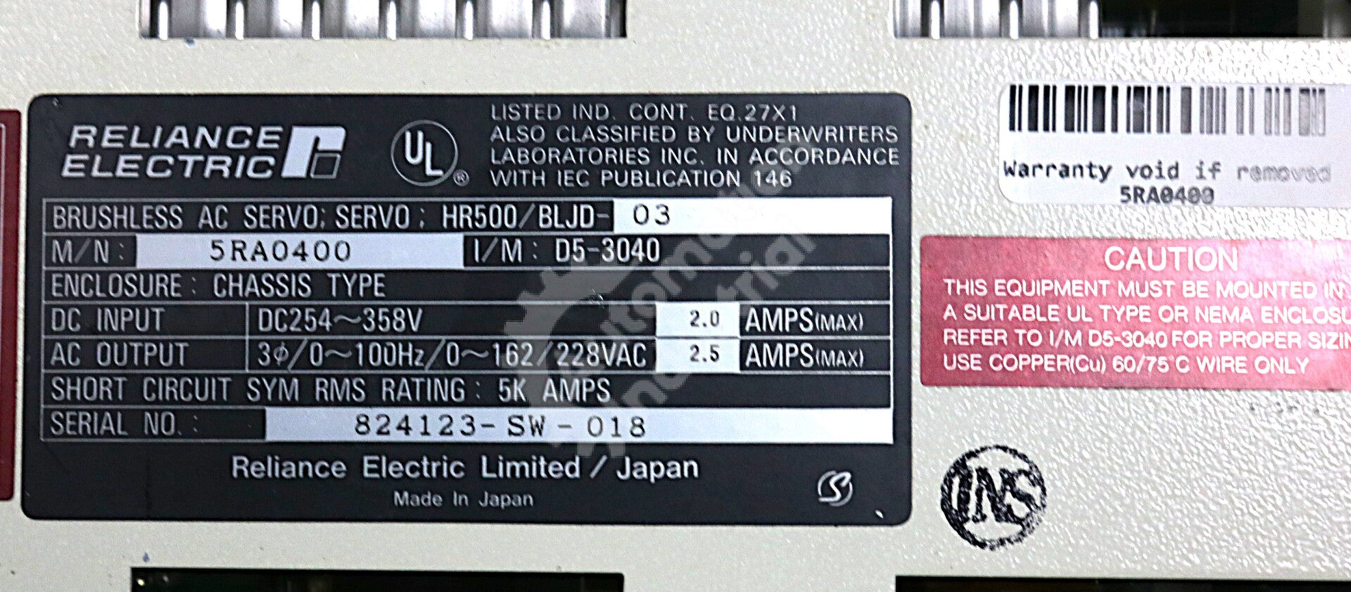 5RA0400 By Reliance Electric HR500/BLJD-03 228VAC 400W HR500 AC Brushless Servo