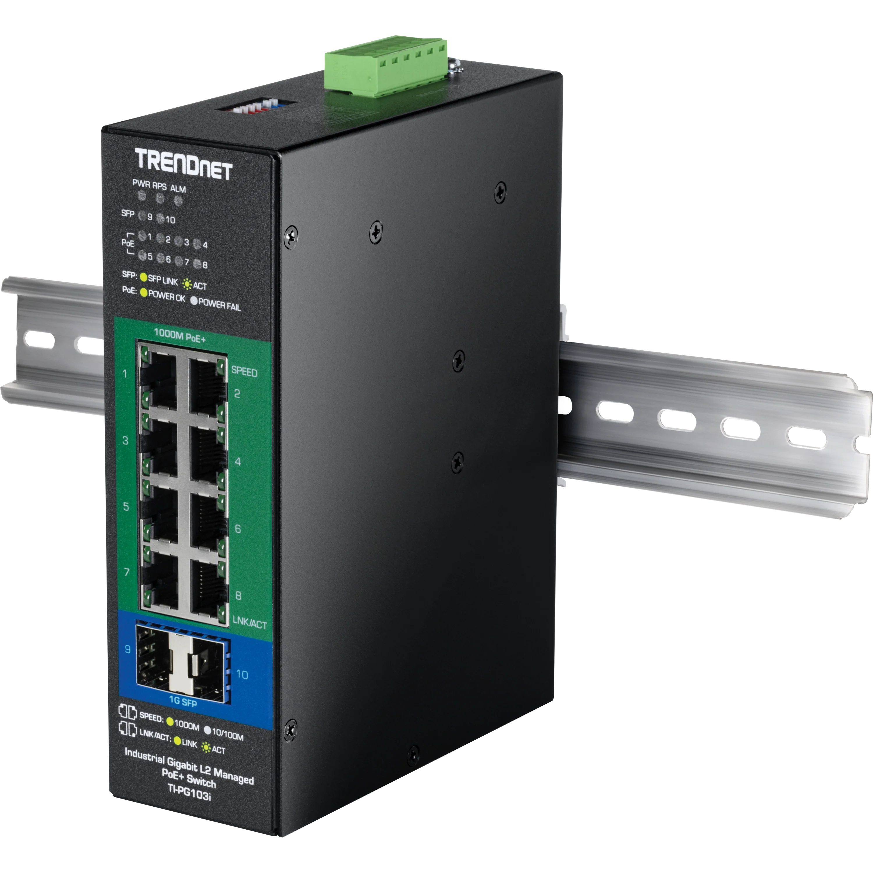 TRENDnet TI-PG103 10-Port Industrial Gigabit L2 Managed PoE+ DIN-Rail Switch 24-57V