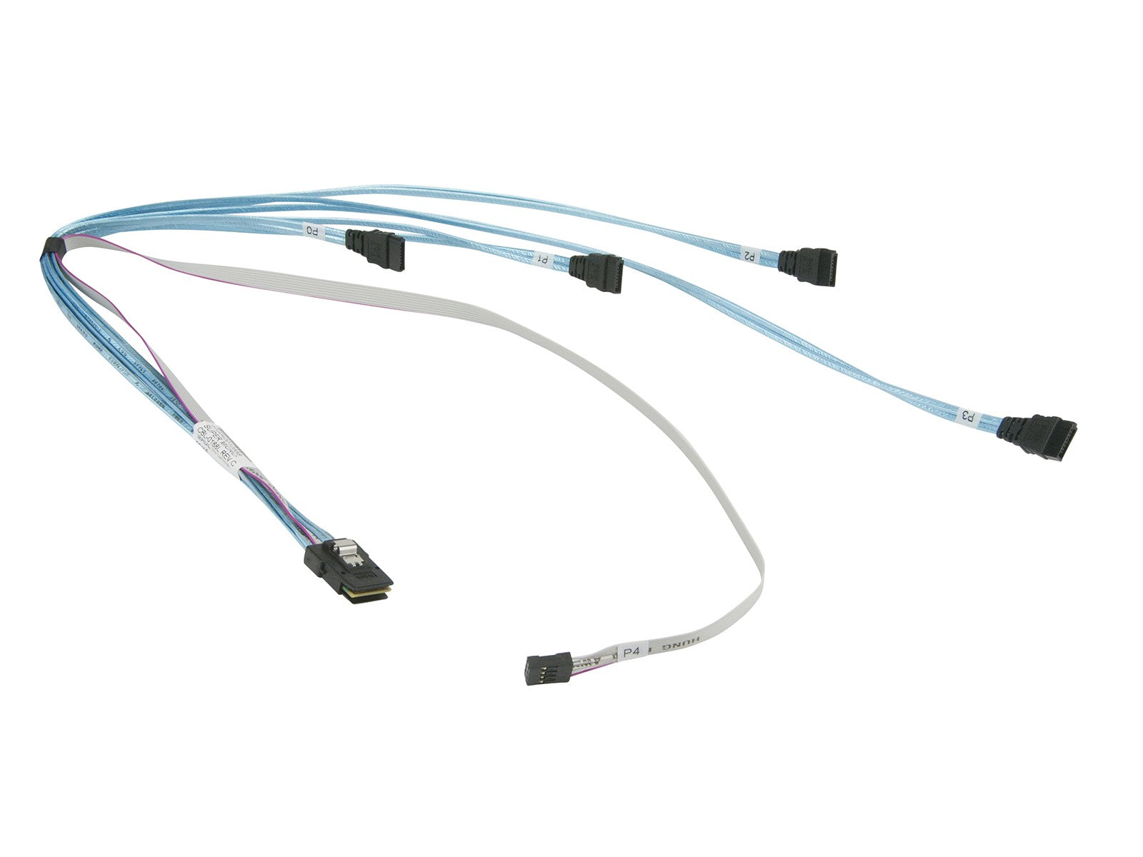 Supermicro CBL-0188L MiniSAS to (4) 7-pin SATA Split Cable with sideband. Used.