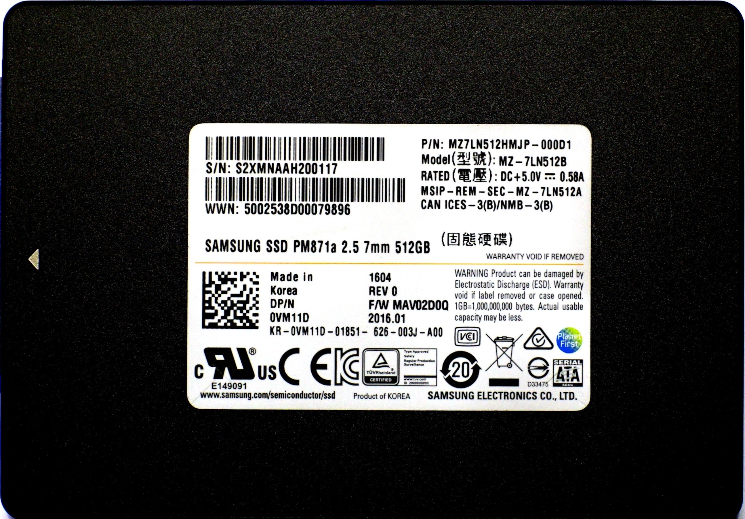 Dell Samsung PM871a 512GB MLC SATA 6Gbps 2.5'' Solid State Drive SSD (VM11D)