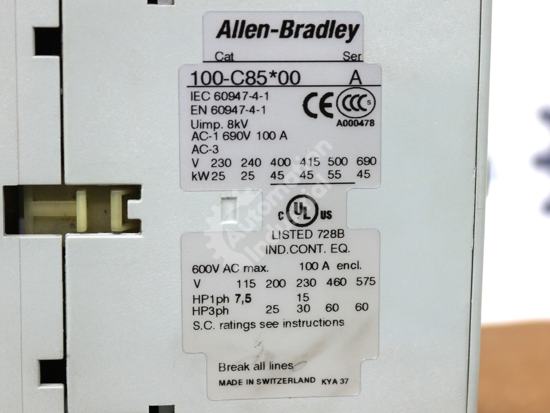 100-C85*00 Allen-Bradley 600VAC 50/60Hz 100A 3-Pole Contactor