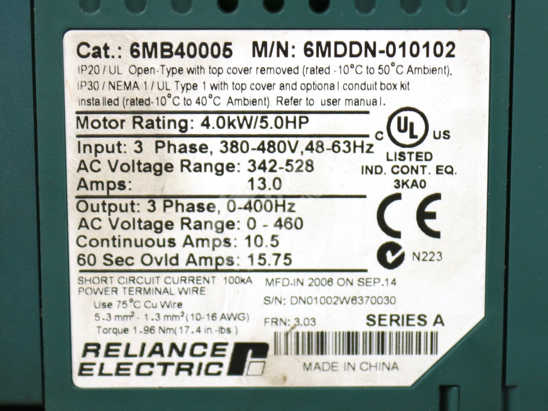 6MDDN-010102 By Reliance Electric MD65 5HP 480V 50/60Hz AC Drive