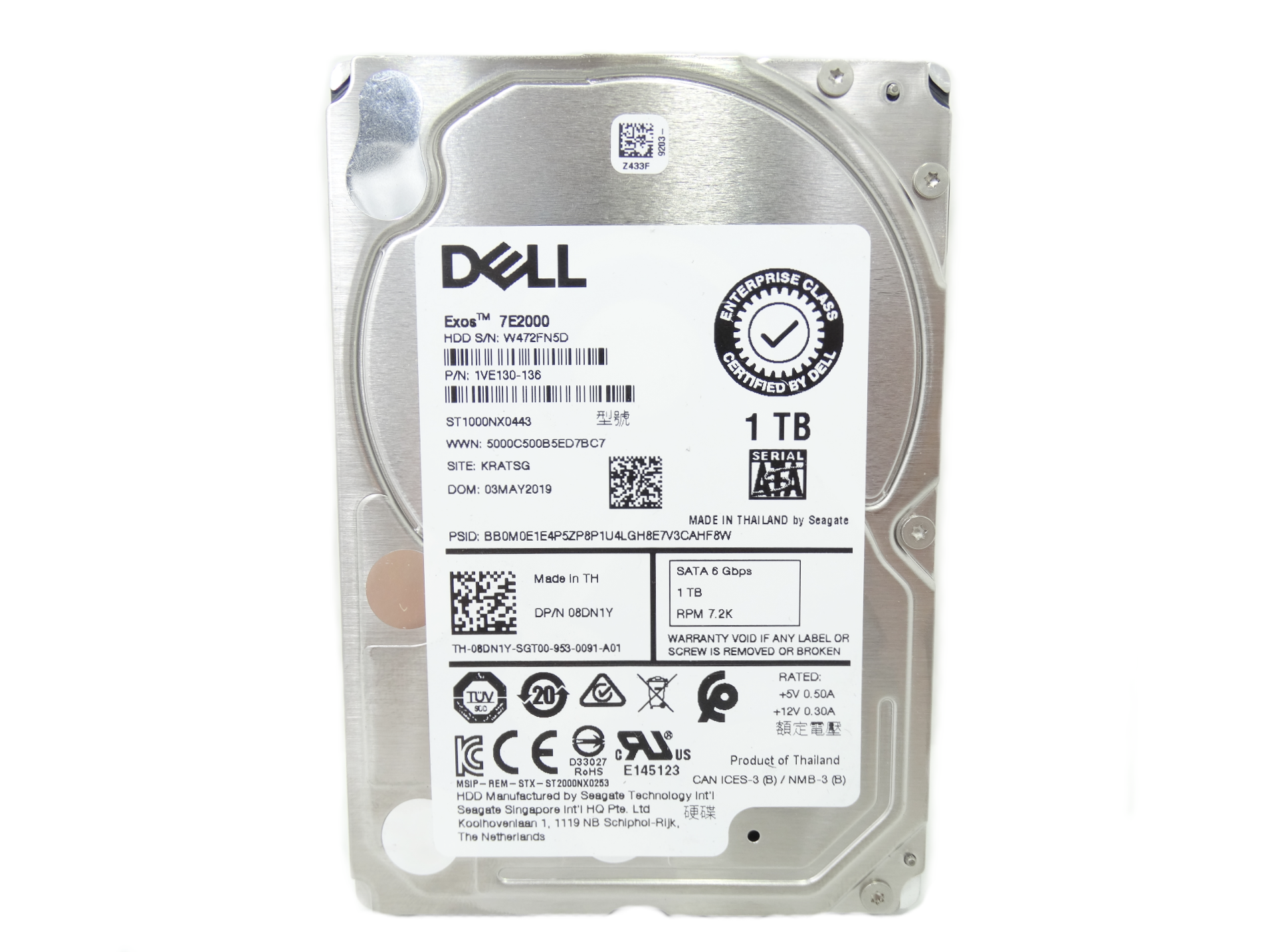 Dell 1TB 7.2K RPM SATA 6GB/s  2.5'' HDD Hard Drive (8DN1Y)