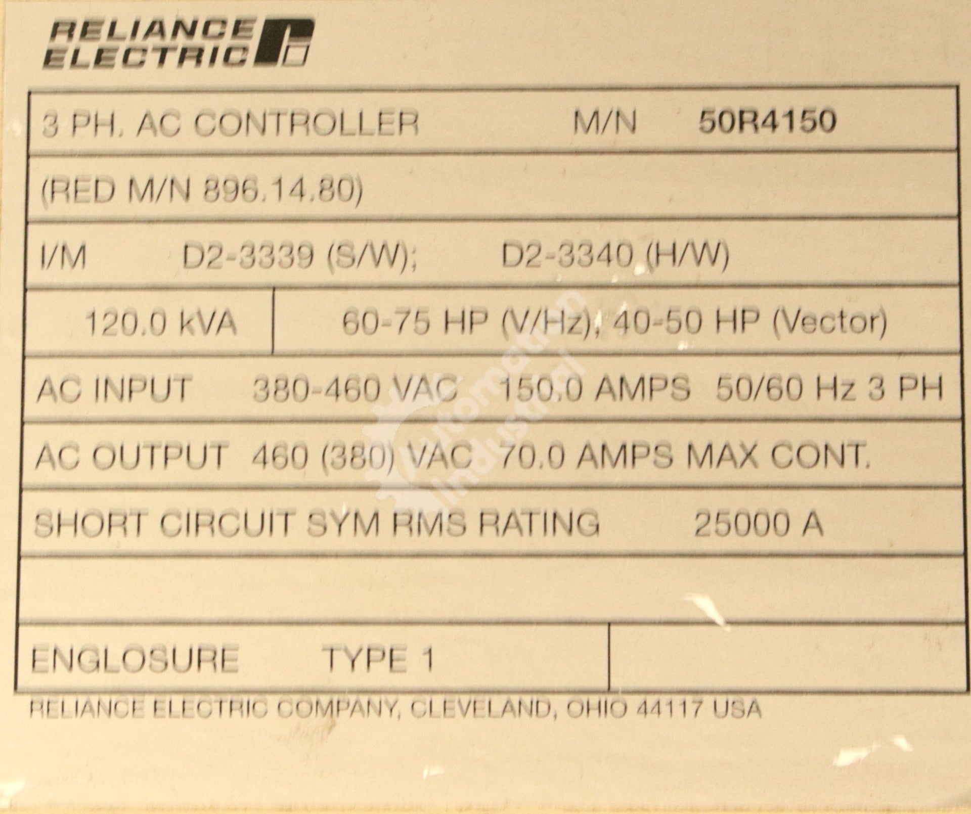 GV3000U-AC089-AA-DBT by Reliance Electric 50R4150 75HP 460V AC Drive GV3000