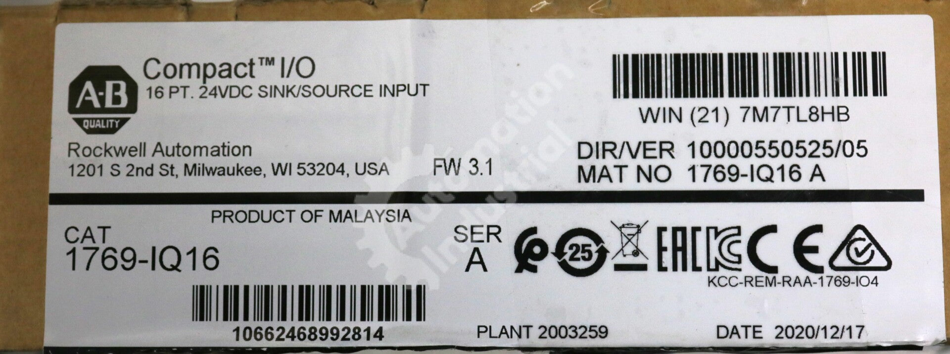 1769-IQ16 By Allen Bradley 16-Point 24VDC Sink/Source Input Module NSFP