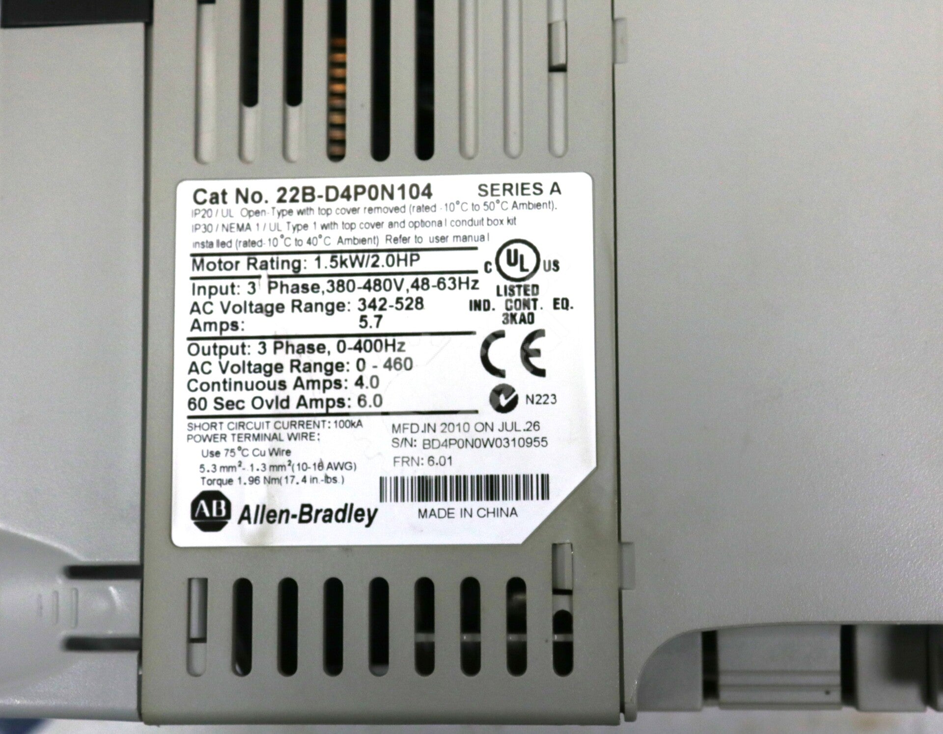 22B-D4P0N104 By Allen Bradley 3-Phase 2HP ADJ Frequency PowerFlex 40 AC Drive