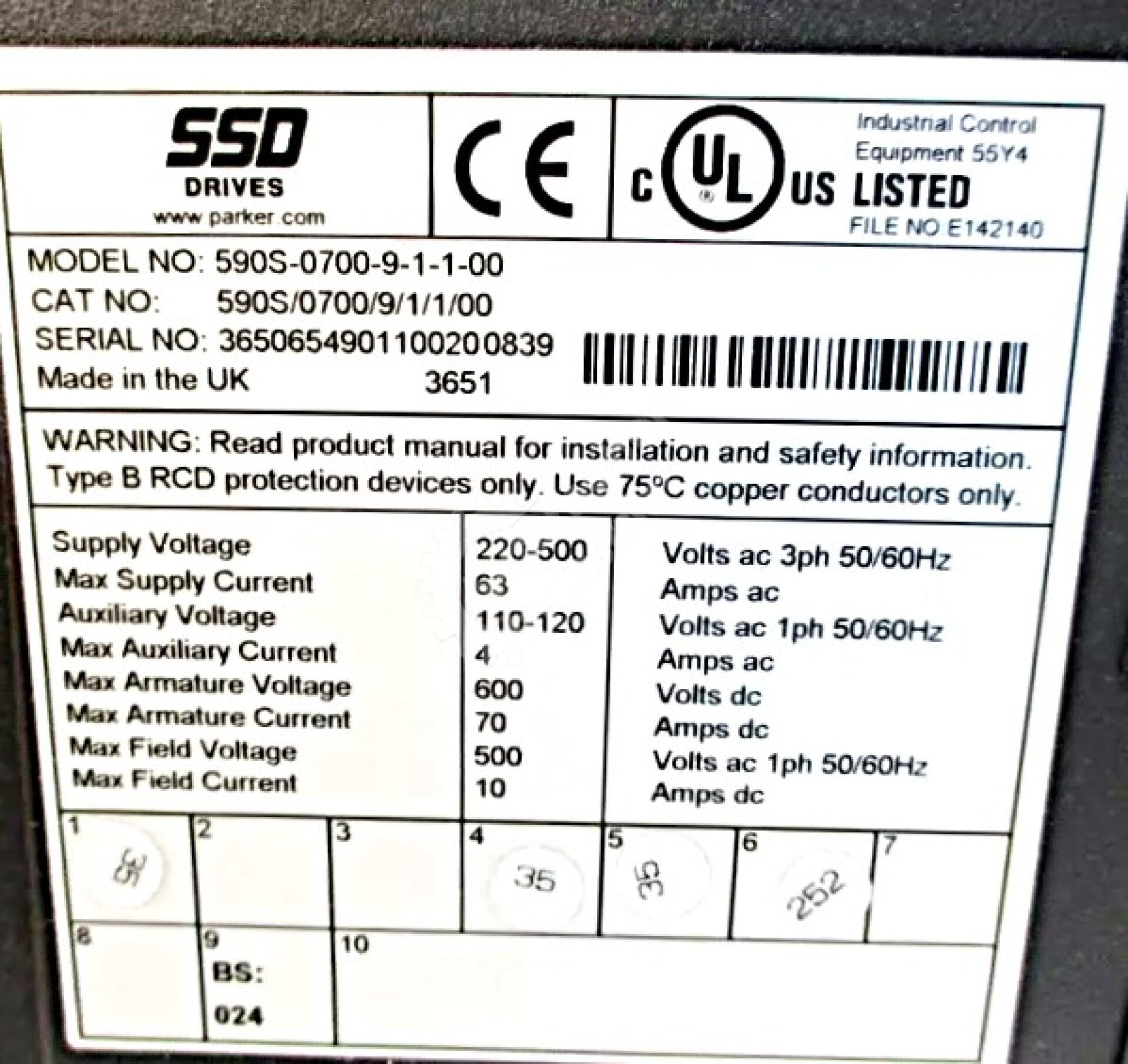 Eurotherm 590S/0700/9/1/1/00 220-500VAC 63AMP Auxiliary Supply 590 Link