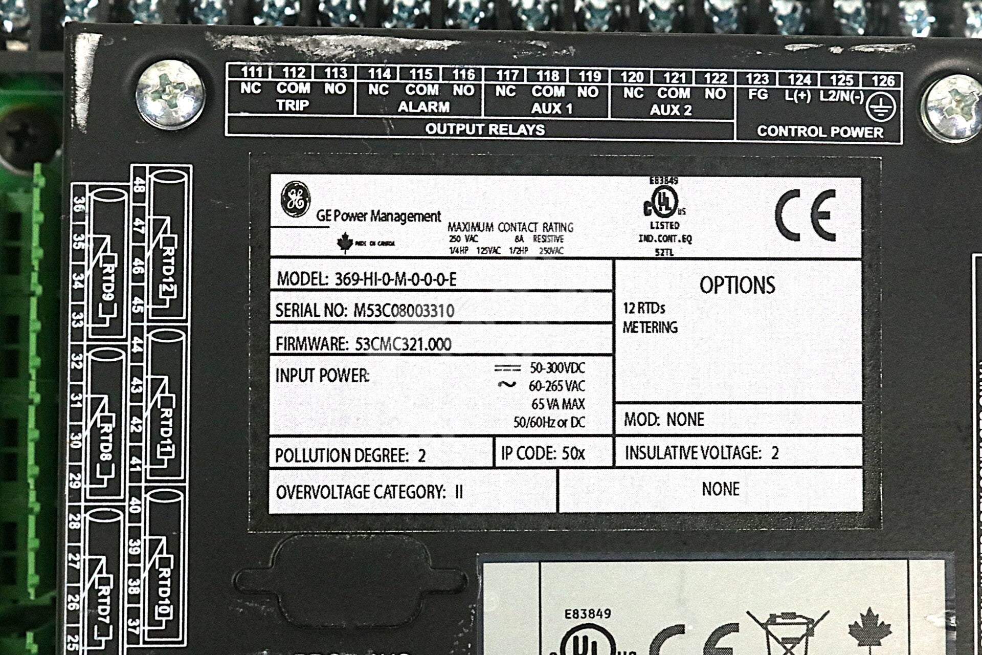 369-HI-0-M-0-0-0-E By GE Multilin  50-300VDC 50/60Hz 369 Motor Management Relay