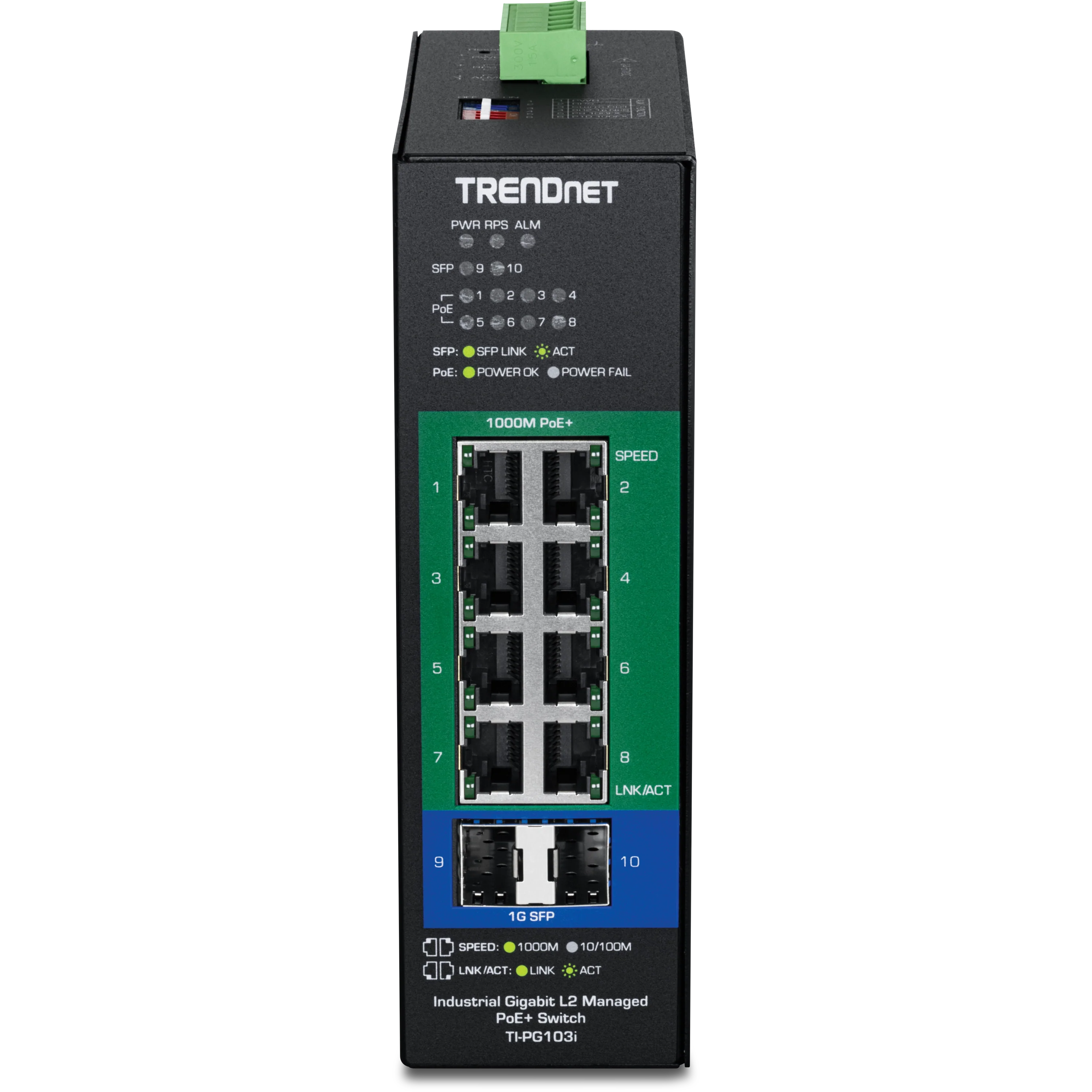 TRENDnet TI-PG103 10-Port Industrial Gigabit L2 Managed PoE+ DIN-Rail Switch 24-57V