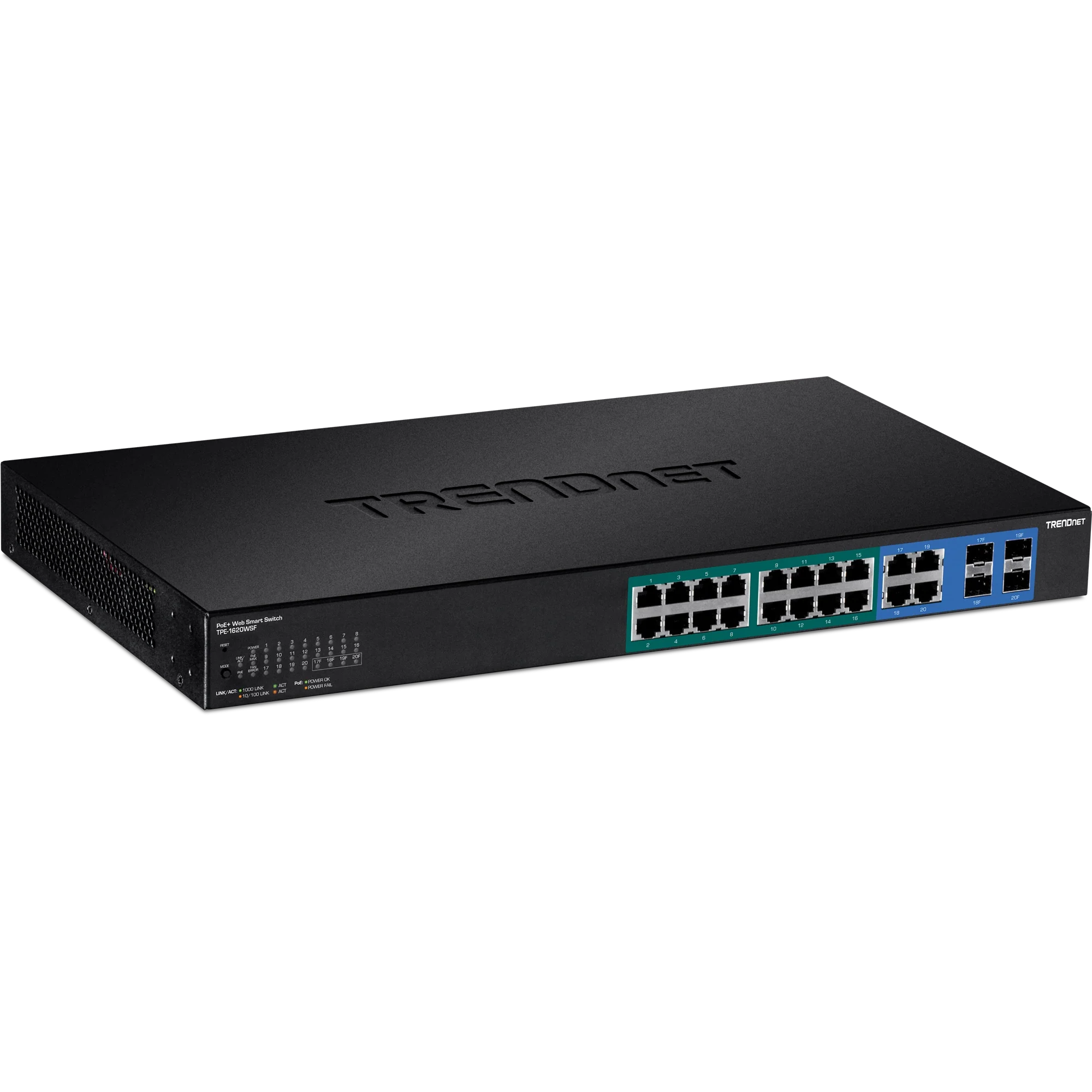 TRENDnet TPE-1620WSF 20-Port Gigabit Web Smart POE+ Switch w/ 2 Shared SFP Slots  (16 PoE+, 2SFP) (370W)